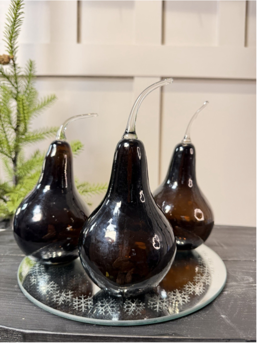 8" SOLID GLASS PEAR. DARK AMBER to DARK PURPLE. MINT CONDITION